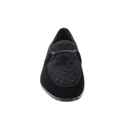 After Midnight Collection - Black Velvet Crystal Studded Design Slip-On Loafer