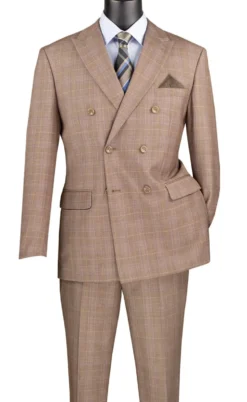 Alexander Collection - Regular Fit Tan Glen Plaid Double Breasted 2-Piece Suit