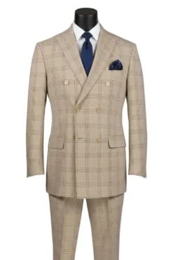 Alexander Collection - Regular Fit Beige Glen Plaid Double Breasted 2-Piece Suit