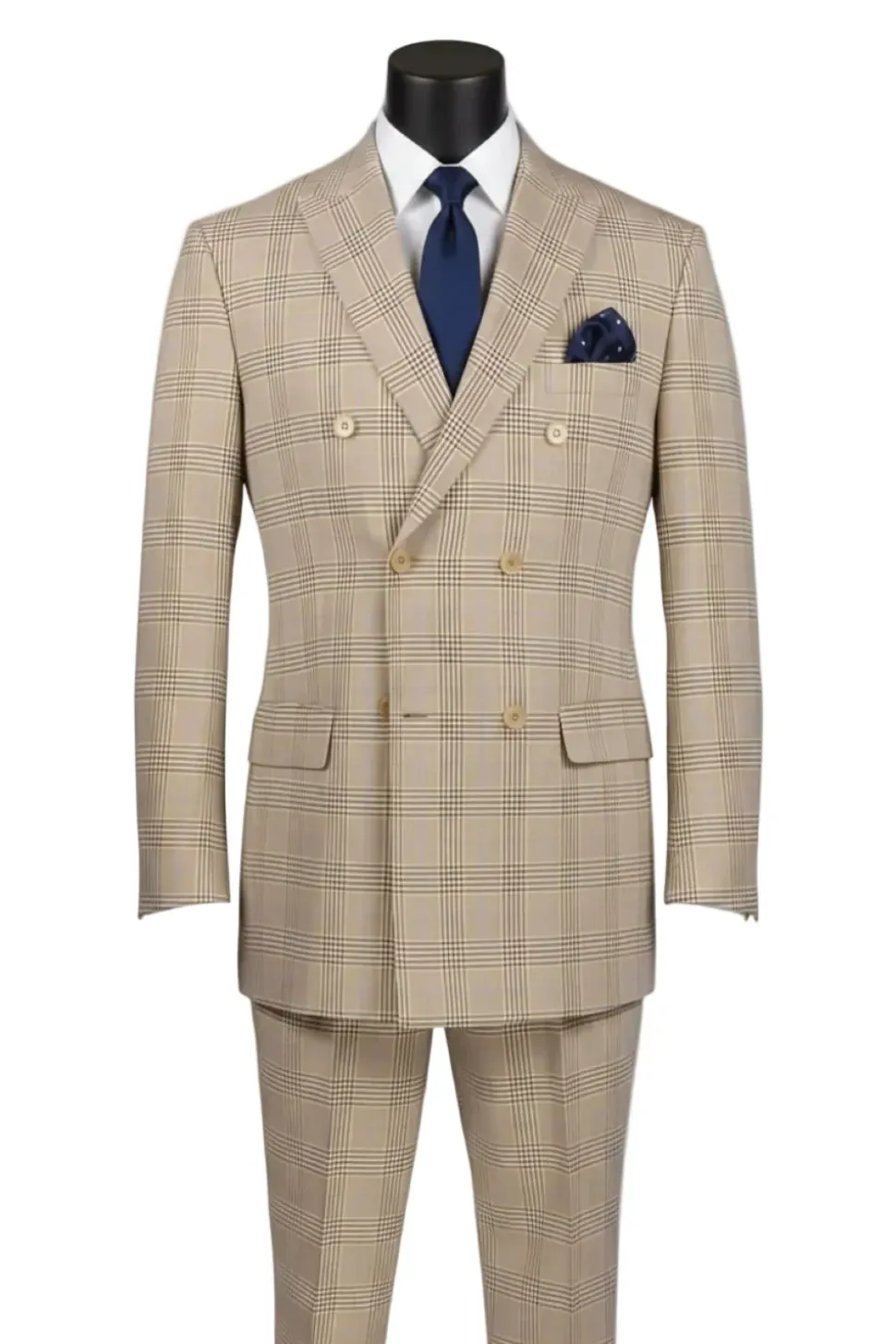 Alexander Collection - Regular Fit Beige Glen Plaid Double Breasted 2-Piece Suit