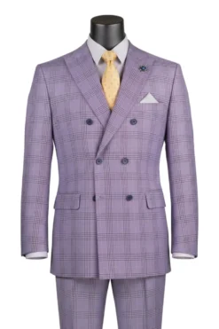 Alexander Collection - Regular Fit Light Purple Glen Plaid Double Breasted 2-Piece Suit