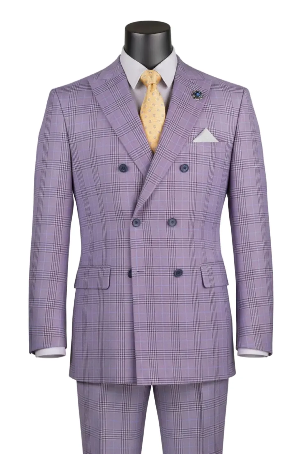 Alexander Collection - Regular Fit Light Purple Glen Plaid Double Breasted 2-Piece Suit