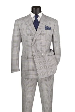 Alexander Collection - Gray Double Breasted 2 Piece Suit Regular Fit Tone on Tone Windowpane