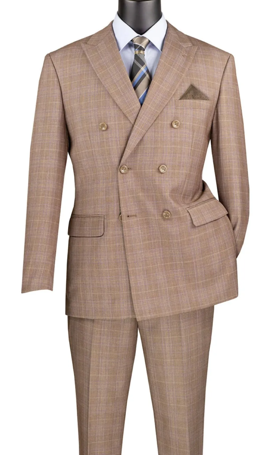 Alexander Collection - Regular Fit Tan Glen Plaid Double Breasted 2-Piece Suit