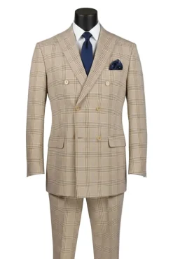 Alexander Collection - Regular Fit Beige Glen Plaid Double Breasted 2-Piece Suit