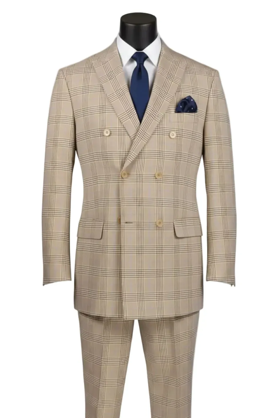 Alexander Collection - Regular Fit Beige Glen Plaid Double Breasted 2-Piece Suit