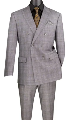 Alexander Collection - Regular Fit Gray Glen Plaid Double Breasted 2-Piece Suit