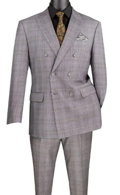 Alexander Collection - Regular Fit Gray Glen Plaid Double Breasted 2-Piece Suit