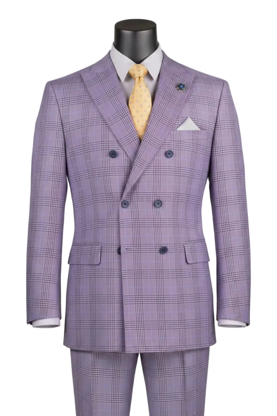 Alexander Collection - Regular Fit Light Purple Glen Plaid Double Breasted 2-Piece Suit