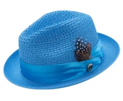 Aqua Solid Color Pinch Braided Fedora With Matching Satin Ribbon