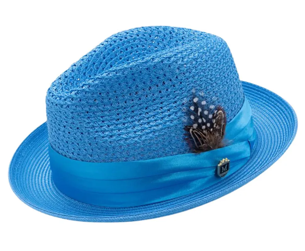Aqua Solid Color Pinch Braided Fedora With Matching Satin Ribbon