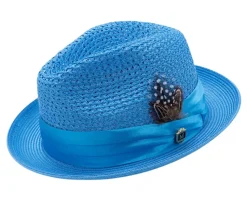 Aqua Solid Color Pinch Braided Fedora With Matching Satin Ribbon