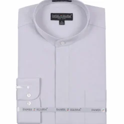 Basic Banded Collar Convertible Cuff Dress Shirt in Silver