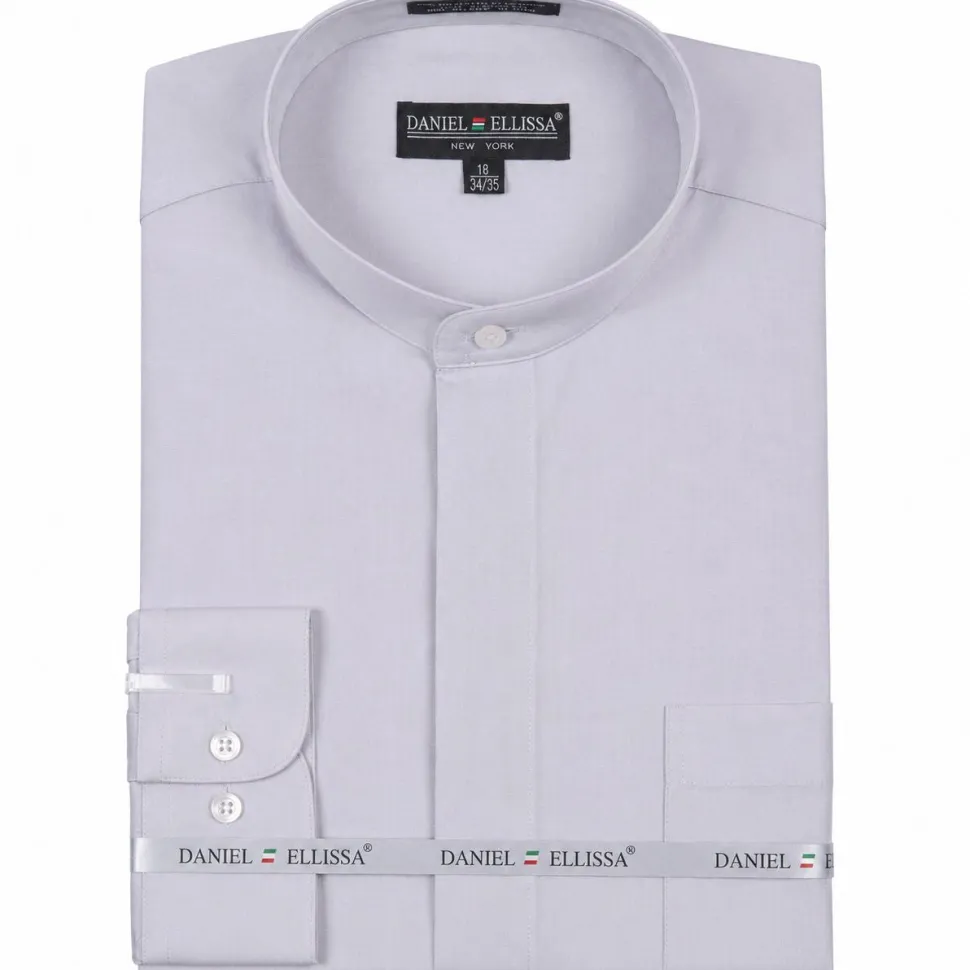 Basic Banded Collar Convertible Cuff Dress Shirt in Silver