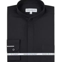 Basic Banded Collar Convertible Cuff Dress Shirt in Black