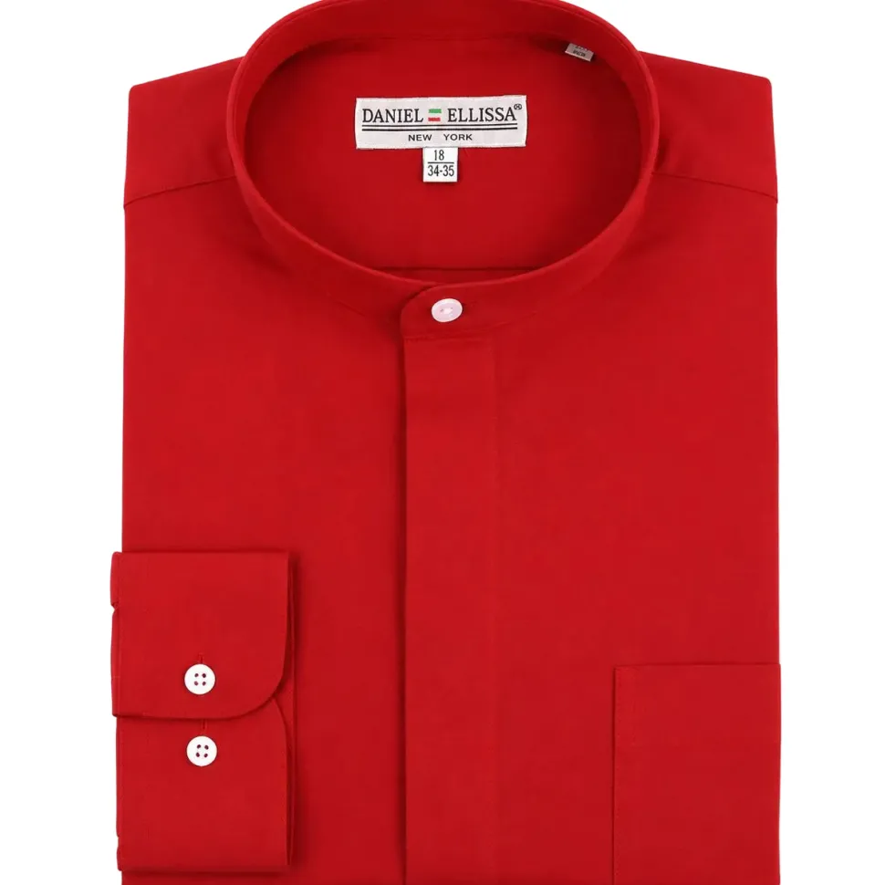 Basic Banded Convertible Cuff Collar Dress Shirt in Red
