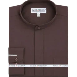 Basic Banded Collar Convertible Cuff Dress Shirt in Dark Brown