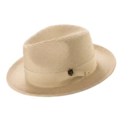 Beige Braided Wide Brim Pinch Fedora Matching Grosgrain Ribbon