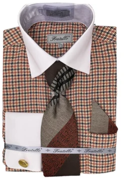 Beige Plaid Dress Shirt Set with Tie and Handkerchief