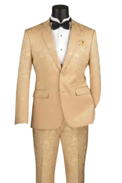 Beige Tone on Tone Paisley Pattern Slim Fit Men's 2 Piece Suit