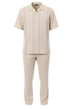 Beige Vertical Stripe Short Sleeve Walking Suit