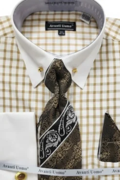 Beige Windowpane French Cuff Dress Shirt Set