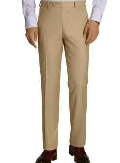Beige Slim Fit Dress Pants Flat Front Pre-hemmed