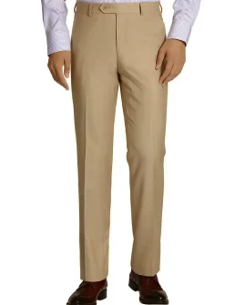 Beige Slim Fit Dress Pants Flat Front Pre-hemmed