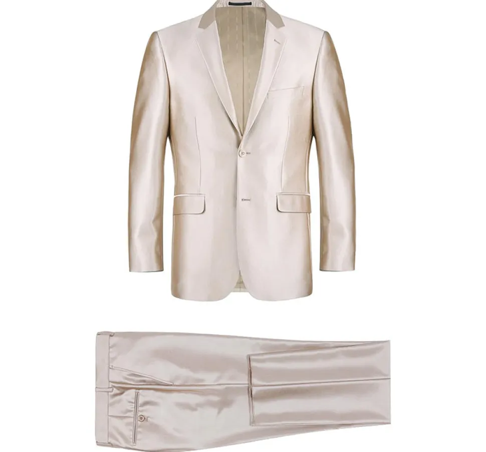 Beige Slim Fit Sharkskin Italian Styled 2 Piece Suit