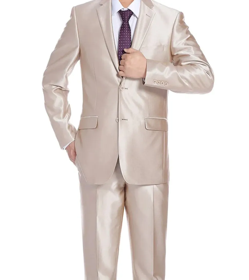 Beige Slim Fit Sharkskin Italian Styled 2 Piece Suit