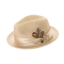 Beige Solid Color Pinch Braided Fedora With Matching Satin Ribbon