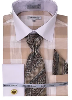 Beige Tone on Tone Check Printed Dress Shirt Set with French Cuff