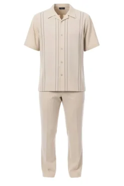 Beige Vertical Stripe Short Sleeve Walking Suit