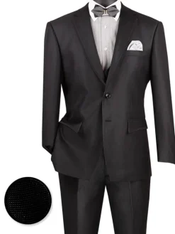Birdseye Pattern Modern Fit 3 Piece Black Suit with Black Trim