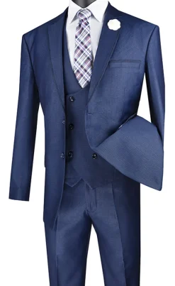 Birdseye Pattern Modern Fit 3 Piece Navy Suit with Contrast Trim