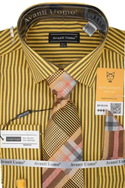 Black and Mustard Striped French Cuff Dress Shirt Set with Tie, Cuff Links and Pocket Square