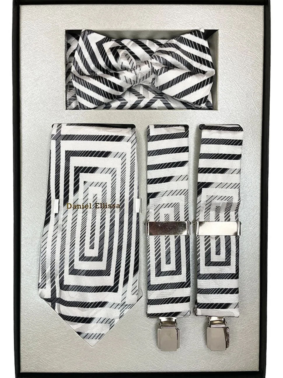 Black and Silver Men's Accessory Box Bow Tie, Necktie, Pocket Square, Suspender 4 Piece Set