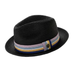 Black Braided Fedora Hat with Multi-Color Striped Band