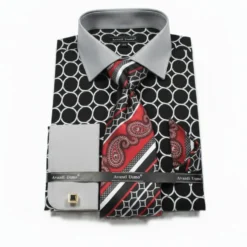 Black Circle Print French Cuff Dress Shirt Set