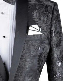 Black Embroidery Slim Fit Jacket Shawl Lapel