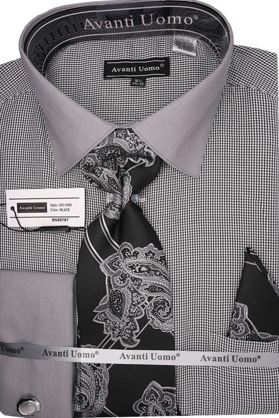 Black French Cuff Mini-Houndstooth Dress Shirt Set with Tie and Handkerchief