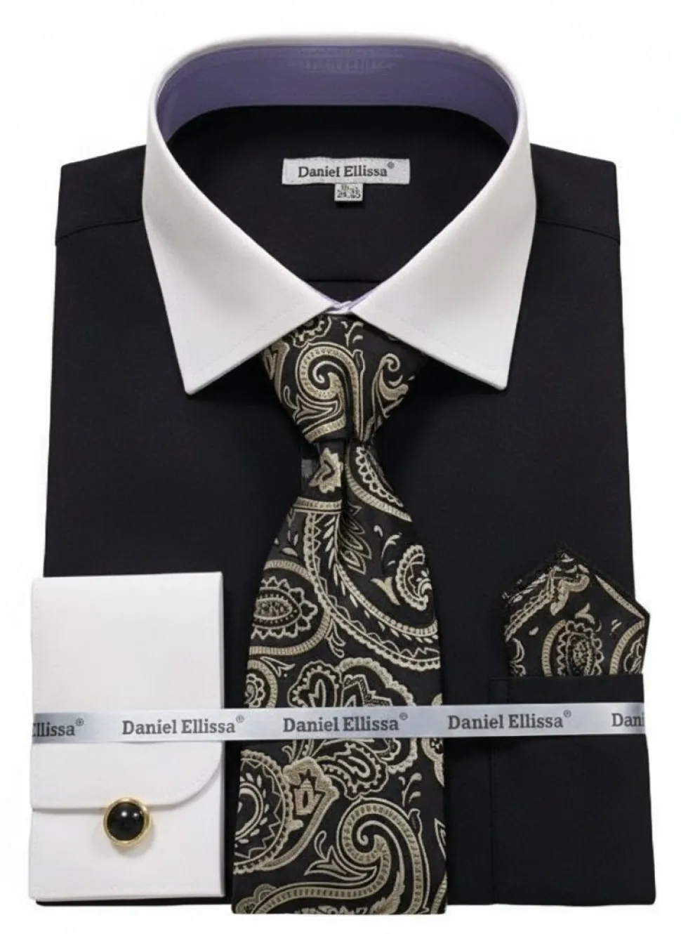 Black Geometric Jacquard Pattern French Cuff Dress Shirt Set