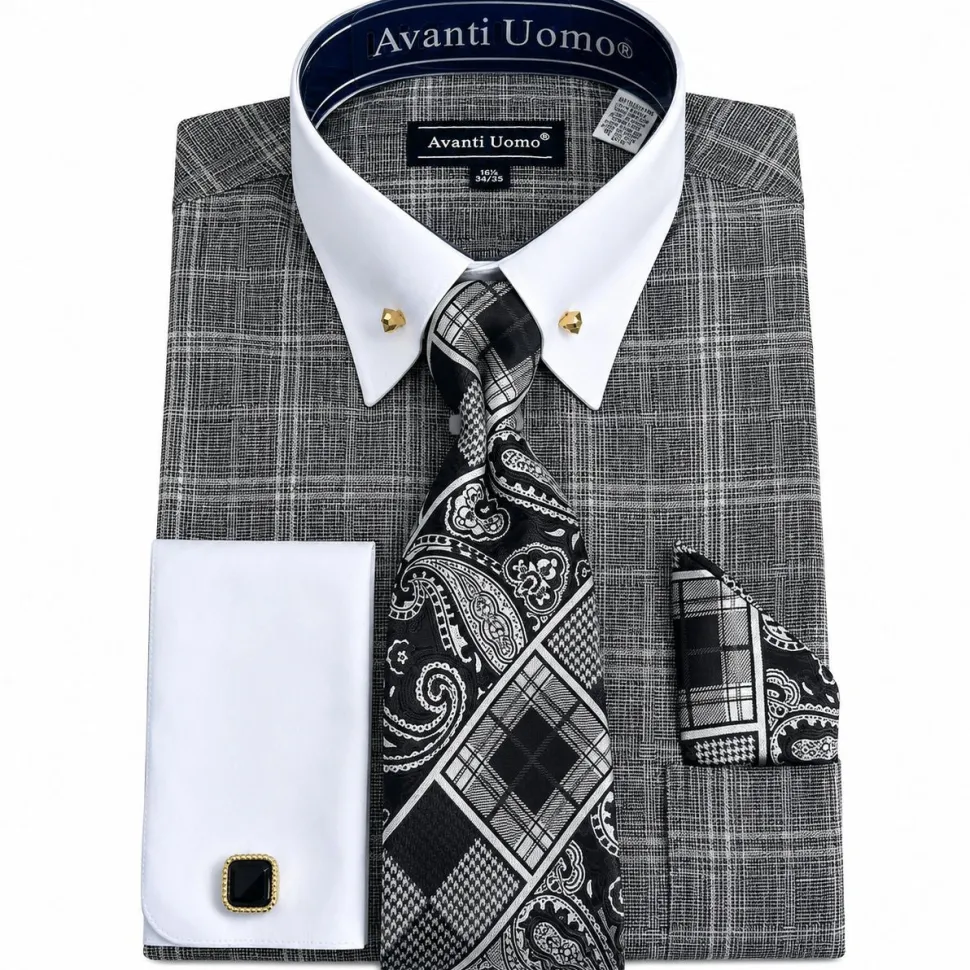 Black Glen Plaid French Cuff Dress Shirt Set