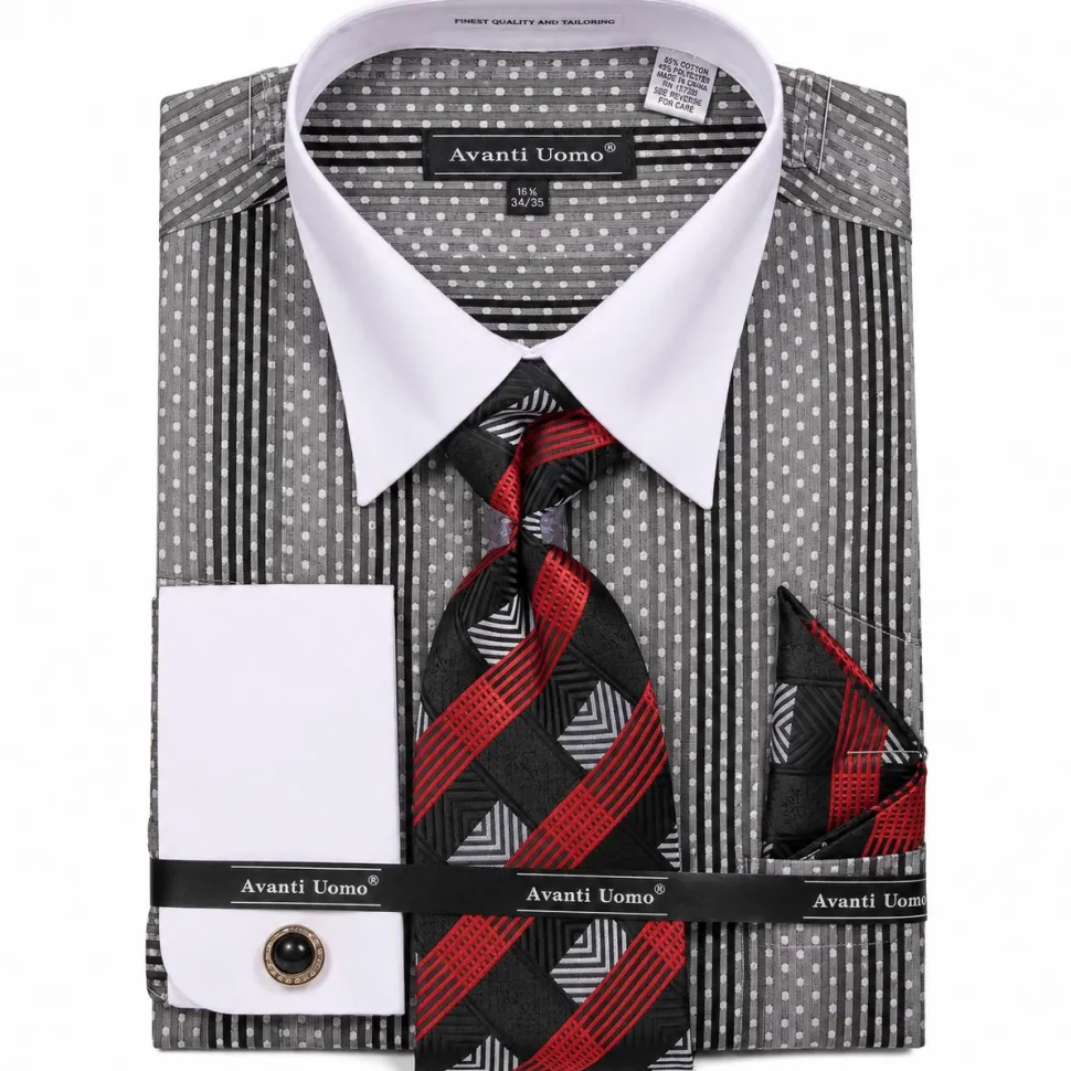 Black Jacquard Stripe French Cuff Dress Shirt Set