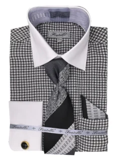 Black Plaid Dress Shirt Set with Tie and Handkerchief