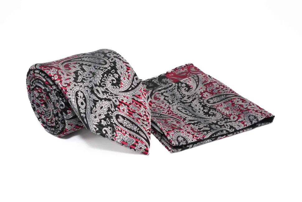 Black Red Paisley Pattern Men's Tie and Pocket Square Set
