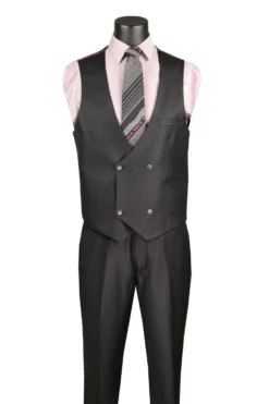 Black Regular Fit 3 Piece Sharkskin Suit with Vest and Adjustable Waistband Pants