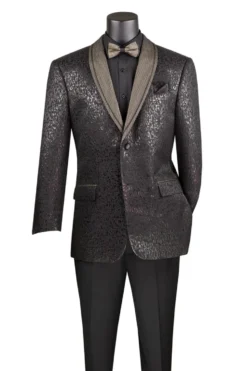 Black Regular Fit Jacket with Dots Lapel and Matching Bow Tie
