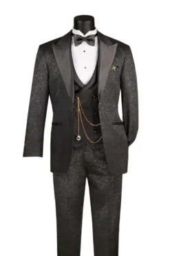 Black Slim Fit 3 Piece Jacquard Pattern Peak Lapel Tuxedo