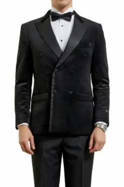Black Slim Fit Double Breasted Velvet Jacket